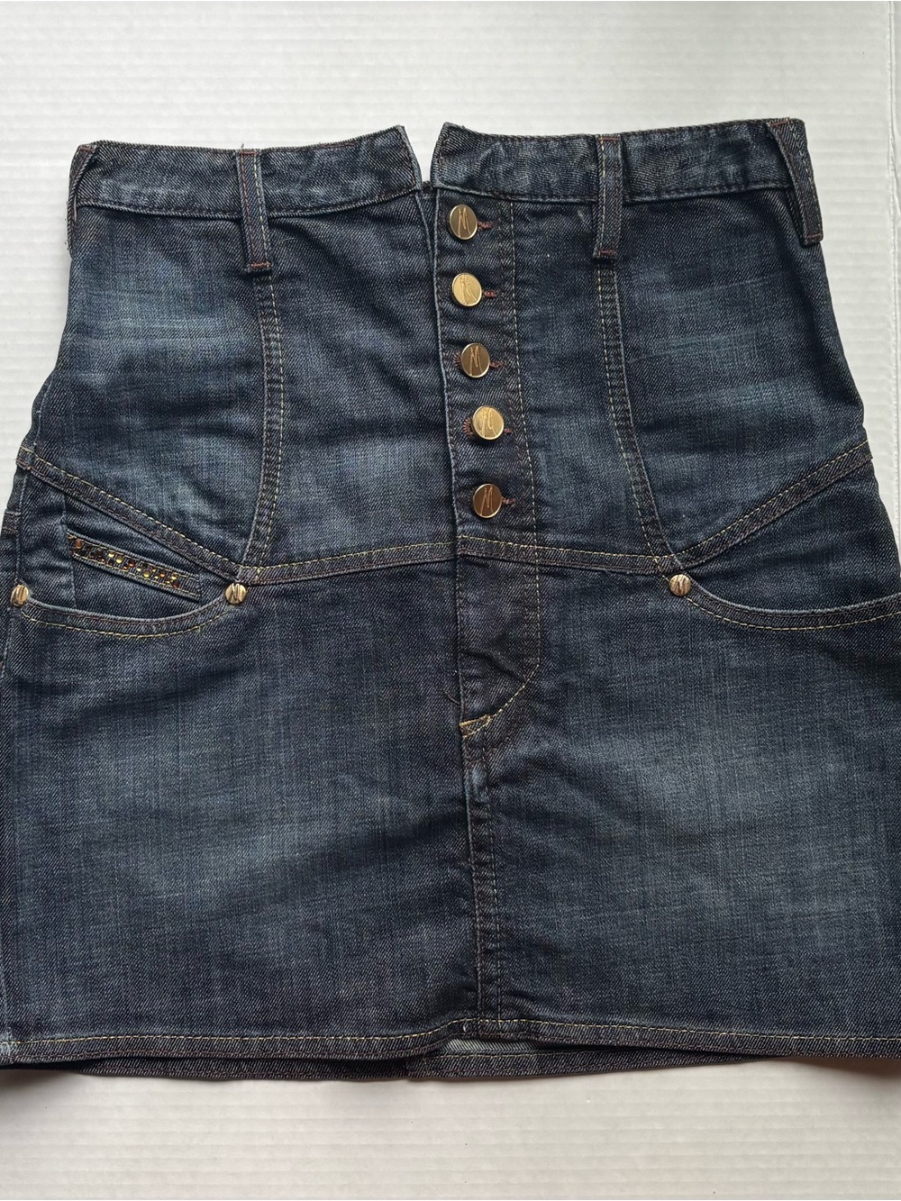 Marciano dark wash double waistband denim mini skirt rhinestone sparkle buttons